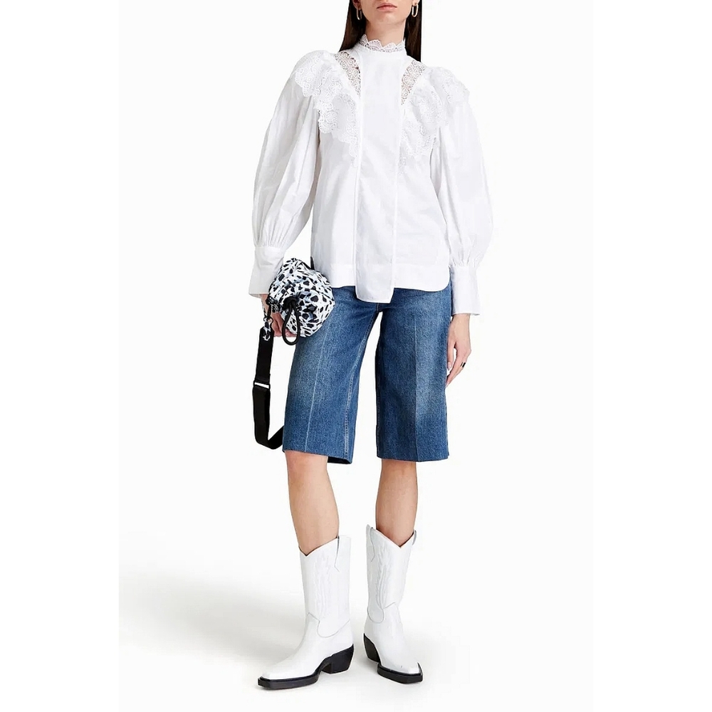 GANNI Macrame Eyelet Frill Trimmed Cotton-Poplin Blouse Top